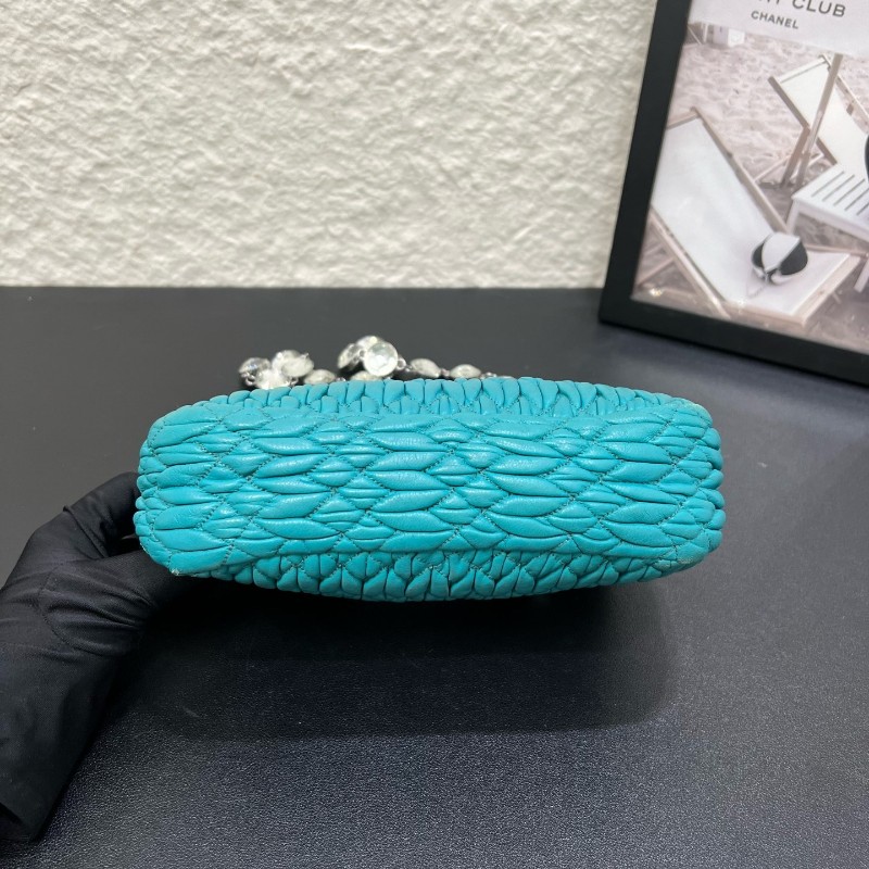 MIUMIU 蒂夫尼藍羊皮褶寶石鏈條 銀扣斜挎包單肩包 2way近現代款 可以雙面背-5