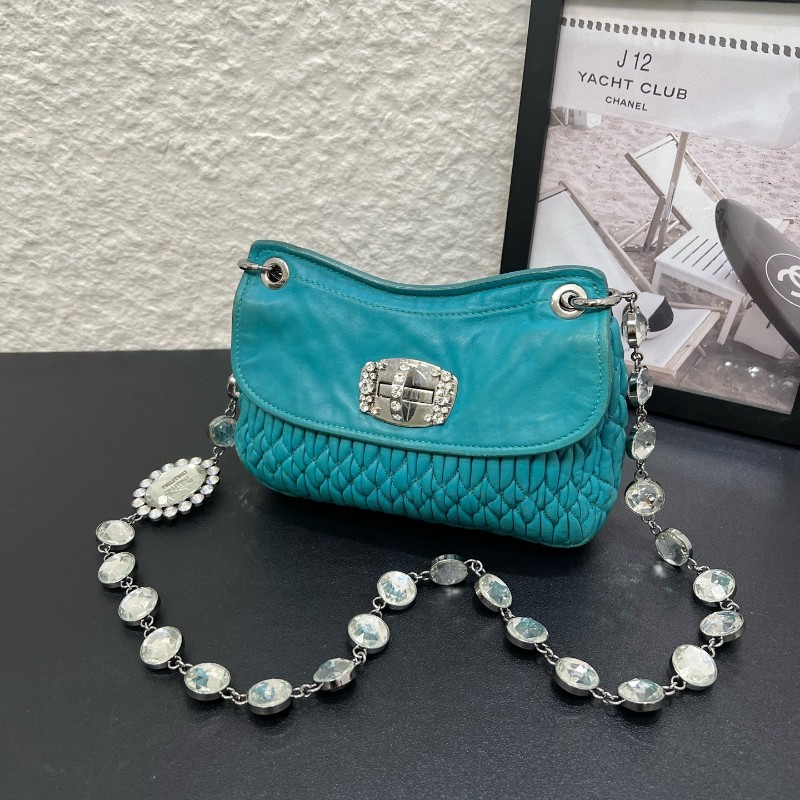 MIUMIU 蒂夫尼藍羊皮褶寶石鏈條 銀扣斜挎包單肩包 2way近現代款 可以雙面背-7