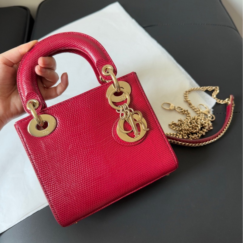 Dior 迪奧 紅金蜥蜴皮三格戴妃包 稀有皮-1