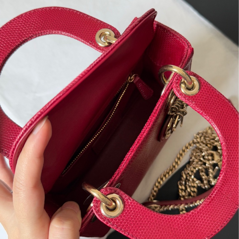 Dior 迪奧 紅金蜥蜴皮三格戴妃包 稀有皮-3