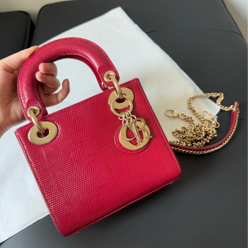 Dior 迪奧 紅金蜥蜴皮三格戴妃包 稀有皮-5