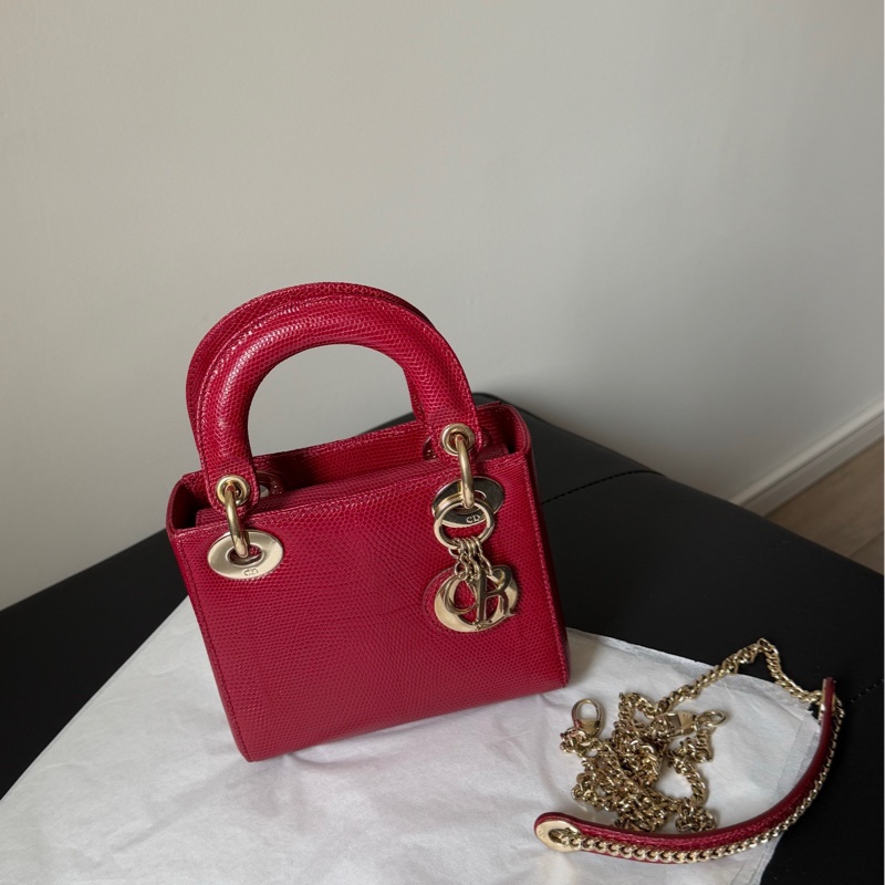 Dior 迪奧 紅金蜥蜴皮三格戴妃包 稀有皮-6