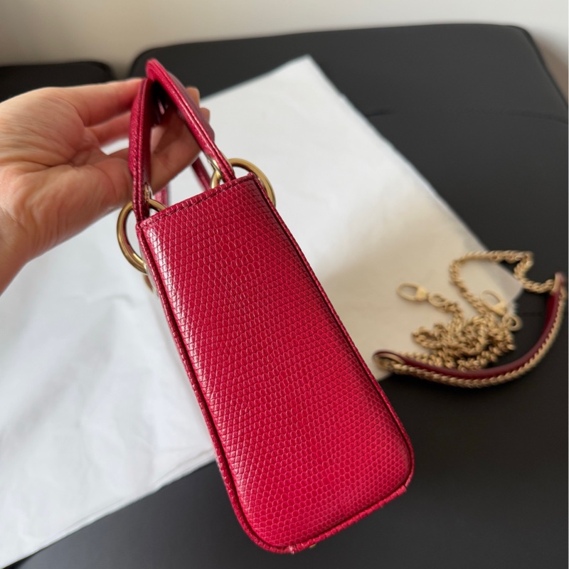 Dior 迪奧 紅金蜥蜴皮三格戴妃包 稀有皮-8