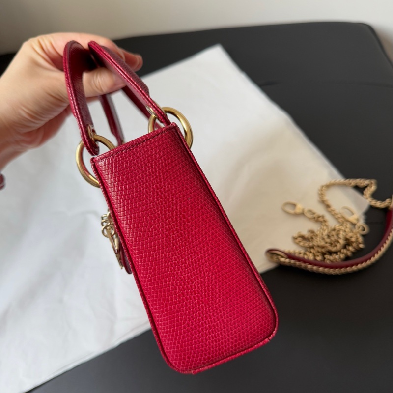 Dior 迪奧 紅金蜥蜴皮三格戴妃包 稀有皮-9