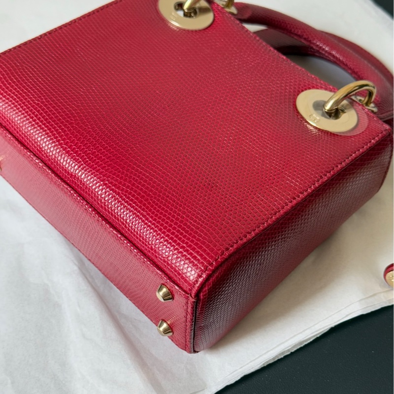 Dior 迪奧 紅金蜥蜴皮三格戴妃包 稀有皮-11