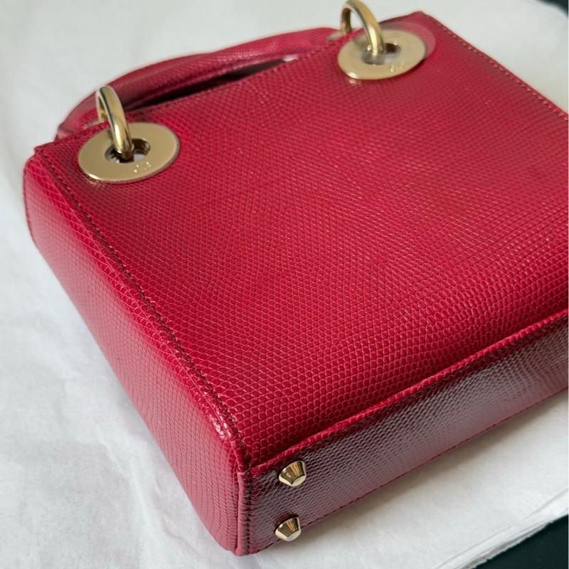 Dior 迪奧 紅金蜥蜴皮三格戴妃包 稀有皮-12
