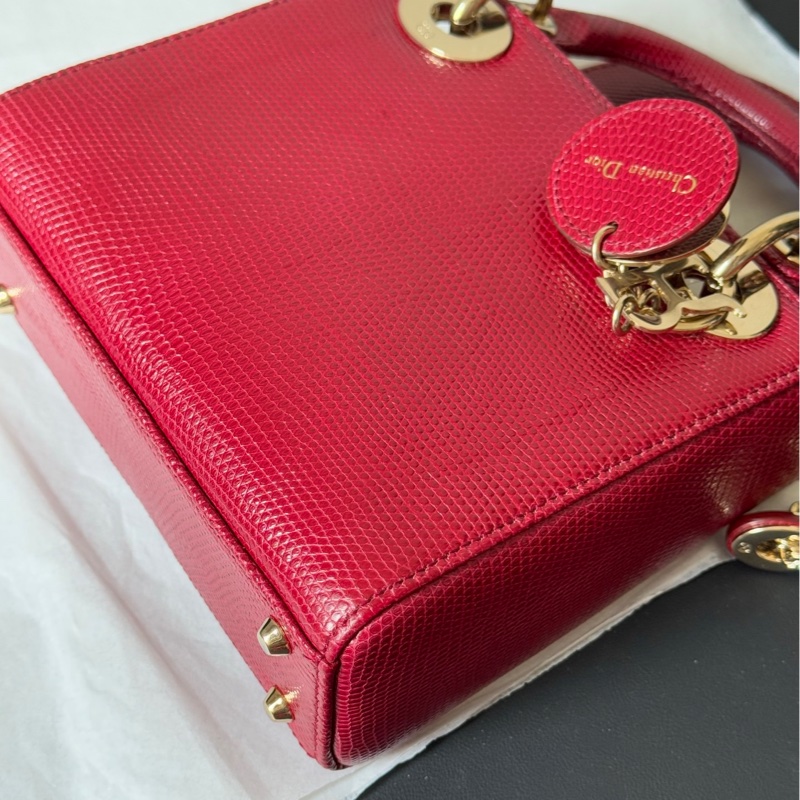 Dior 迪奧 紅金蜥蜴皮三格戴妃包 稀有皮-13