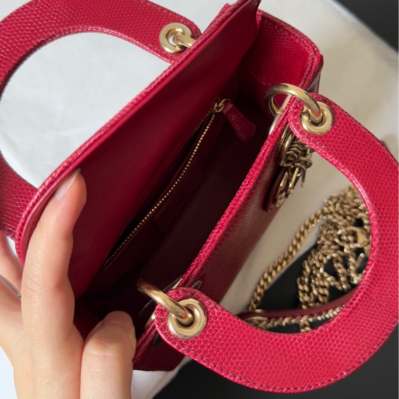 Dior 迪奧 紅金蜥蜴皮三格戴妃包 稀有皮-17