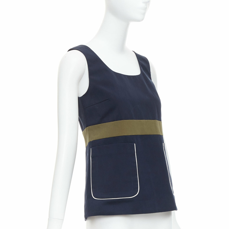 MARNI navy khaki cotton white trim dual pocket cropped top IT38 XS-2