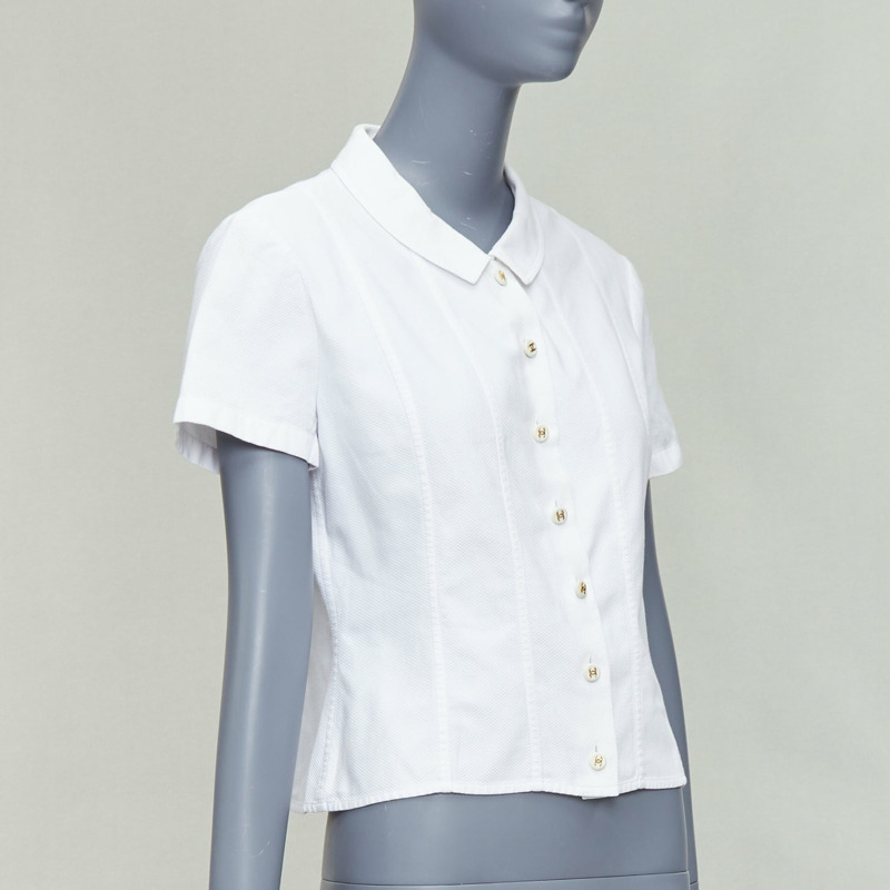 CHANEL Vintage 1990's white cotton gold CC logo button panelled crop shirt-2