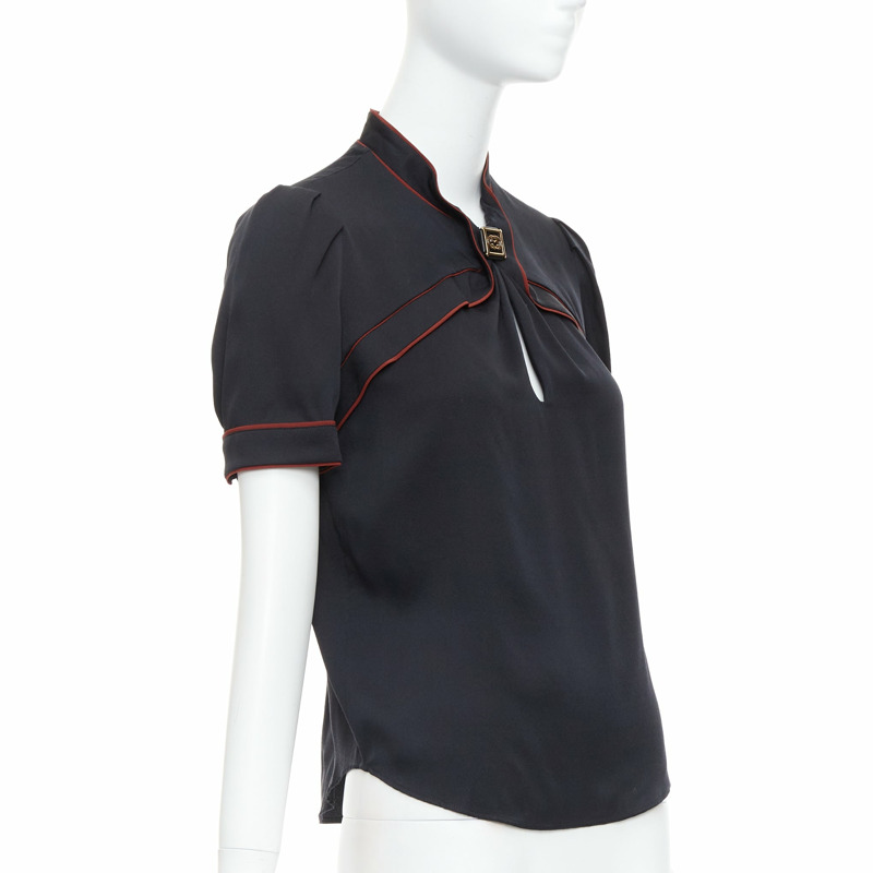 GUCCI 2007 Vintage black silk gold GG logo charm red piped top IT38 XS-2