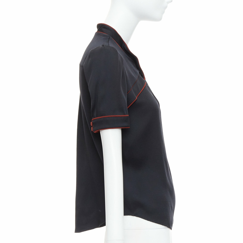 GUCCI 2007 Vintage black silk gold GG logo charm red piped top IT38 XS-3