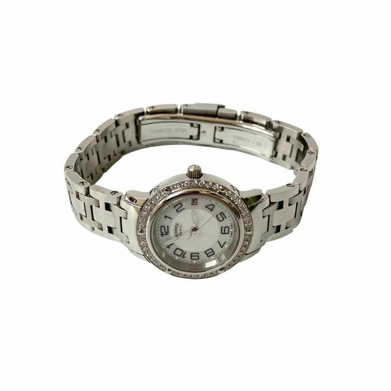 HERMES Clipper 鑽石錶圈石英不鏽鋼女士手錶,銀色,27524-3