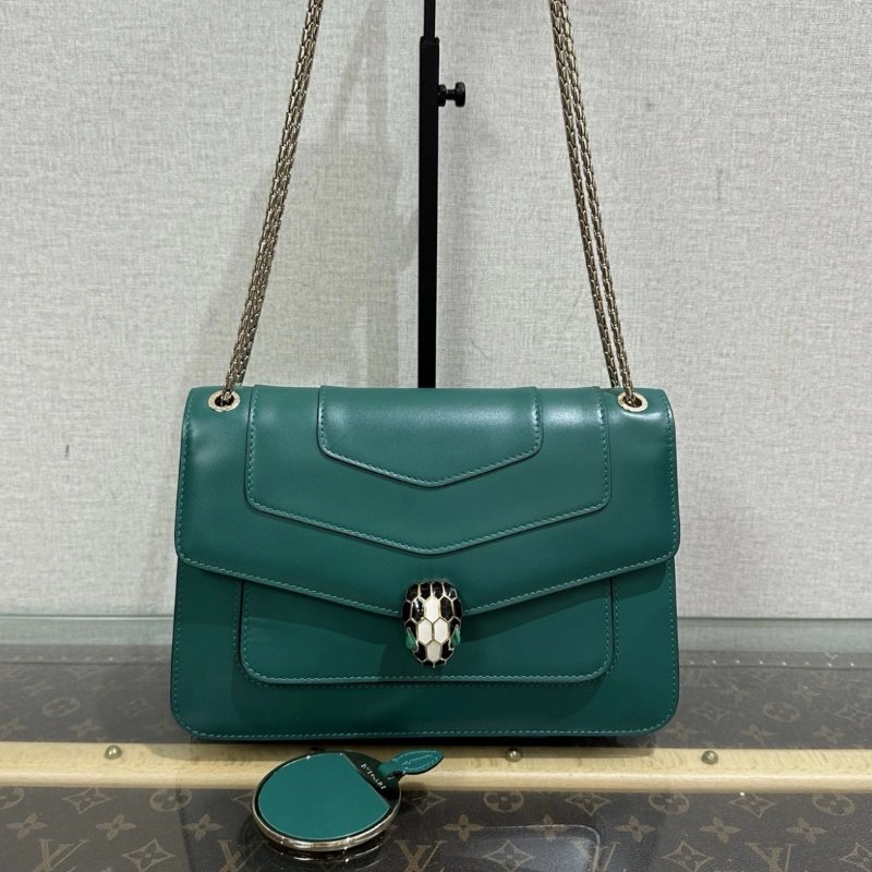 BVLGARI Serpenti Forever 綠色風琴蛇頭肩背斜背包 24.5*16*7 99新配件鏡子塵袋-0