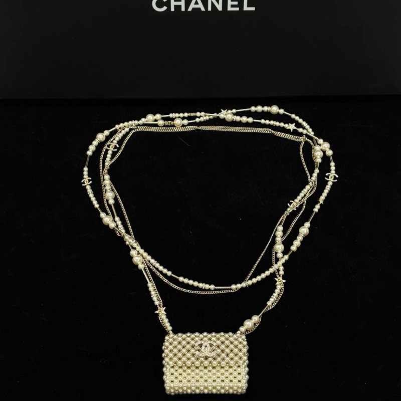 CHANEL 編織珍珠包包滿鑽星星雙C毛衣項鍊 鏈長122cm 99新配件盒子塵袋-4