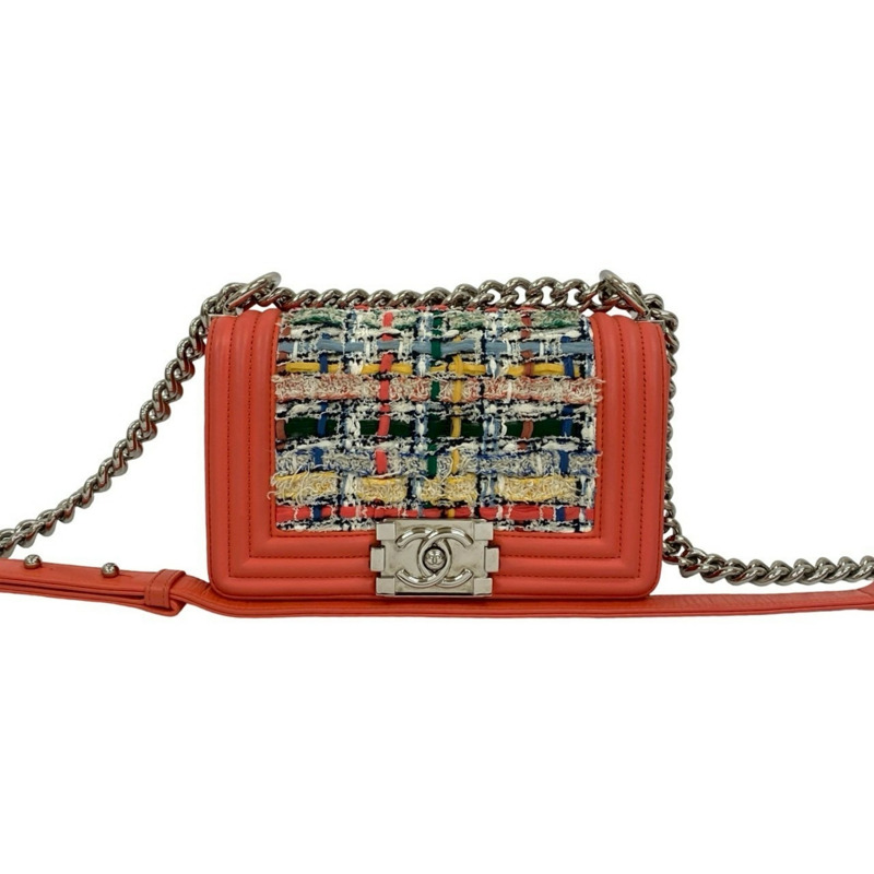 CHANEL Boy Chanel 皮革粗花呢單肩包 粉紅色和多色(18464)-0