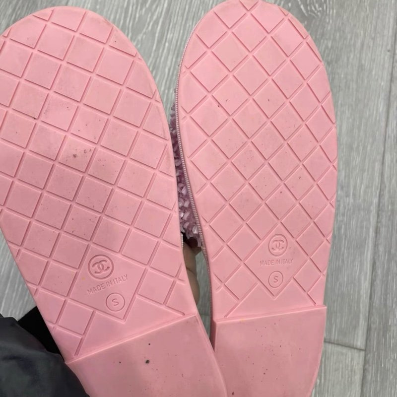 Chanel 粉色平底大logo拖鞋 S號 36-37可穿 有輕微穿著痕跡-4