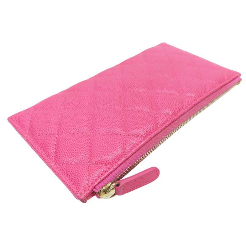 粉色 牛皮 菱格紋 荔枝紋 拉鍊長錢包 金扣-3