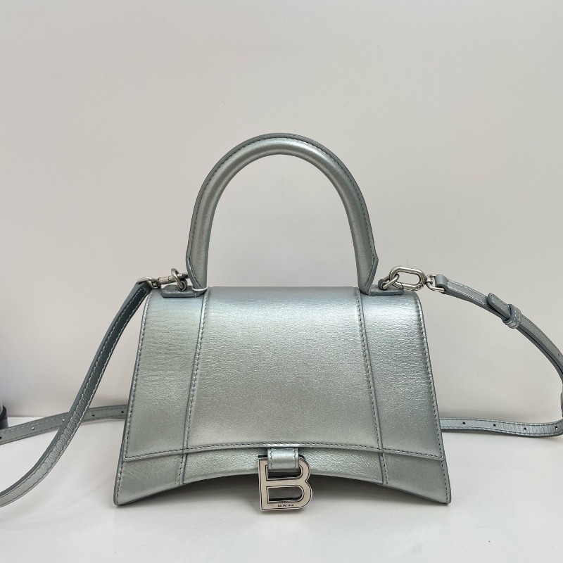 Balenciaga巴黎世家 hourglass 金屬質感 牛皮革 單肩手提包 小號 女款 銀色-0