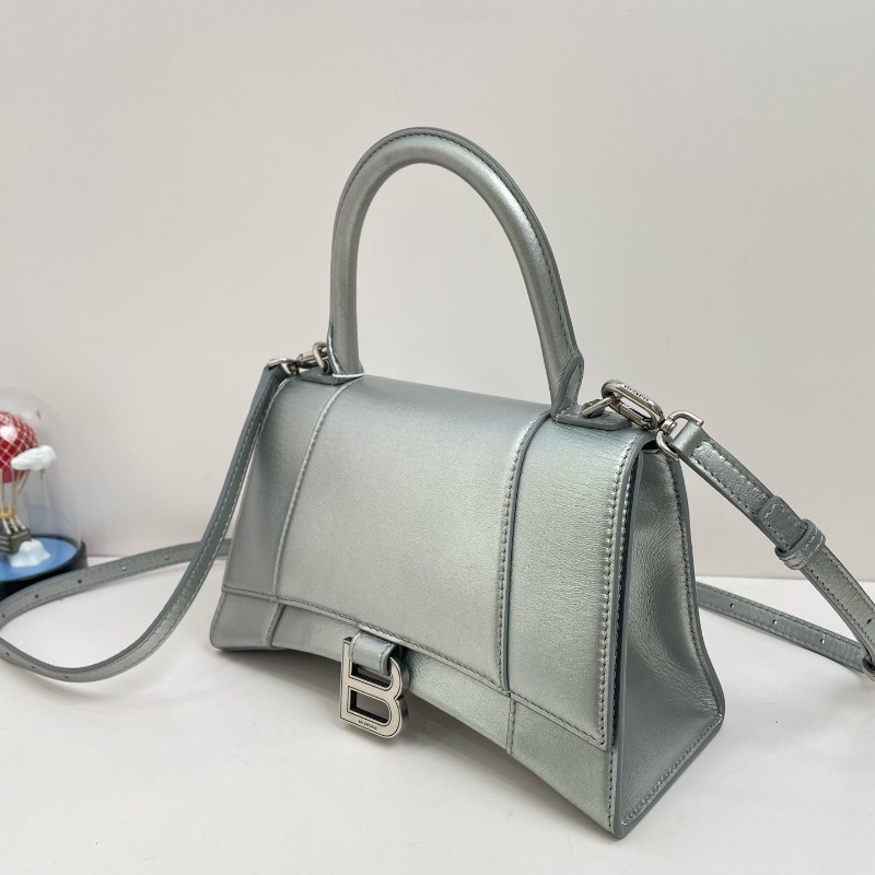 Balenciaga巴黎世家 hourglass 金屬質感 牛皮革 單肩手提包 小號 女款 銀色-1