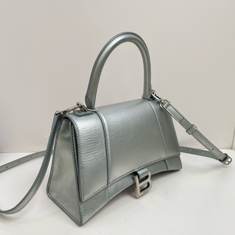 Balenciaga巴黎世家 hourglass 金屬質感 牛皮革 單肩手提包 小號 女款 銀色-2