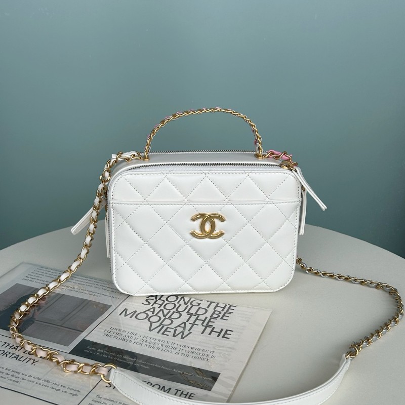 Chanel香奈兒 晶片款23P 彩虹手柄 白色油蠟皮 手提包 肩背包 相機包 底長19厘米-0