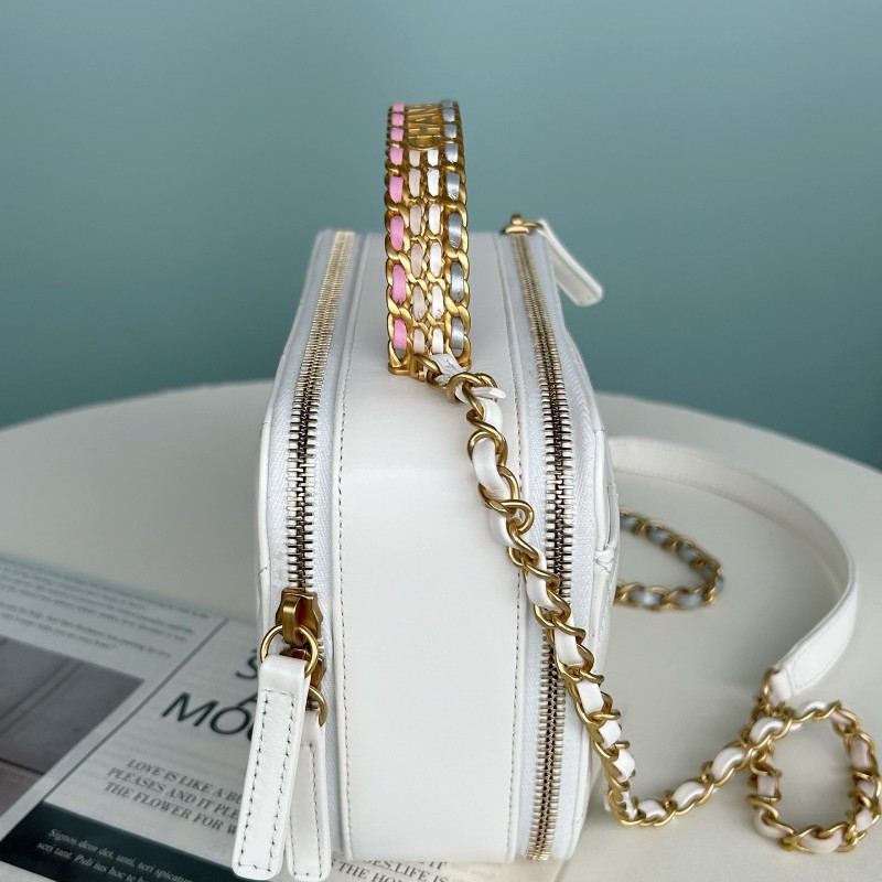 Chanel香奈兒 晶片款23P 彩虹手柄 白色油蠟皮 手提包 肩背包 相機包 底長19厘米-2