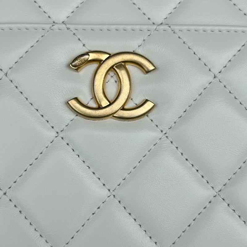 Chanel香奈兒 晶片款23P 彩虹手柄 白色油蠟皮 手提包 肩背包 相機包 底長19厘米-9