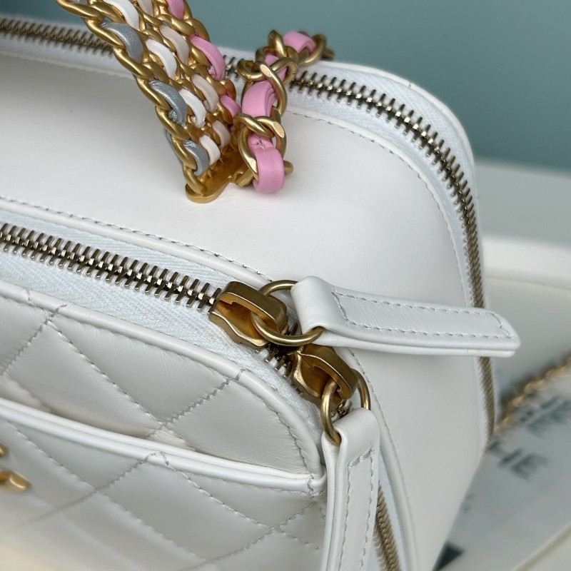 Chanel香奈兒 晶片款23P 彩虹手柄 白色油蠟皮 手提包 肩背包 相機包 底長19厘米-10