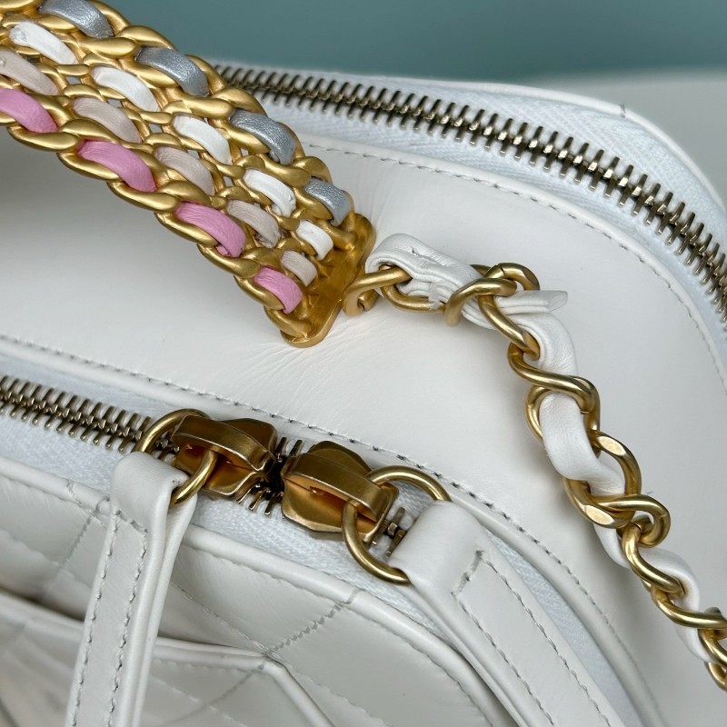 Chanel香奈兒 晶片款23P 彩虹手柄 白色油蠟皮 手提包 肩背包 相機包 底長19厘米-12