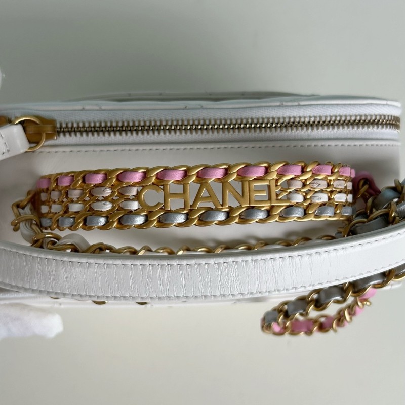 Chanel香奈兒 晶片款23P 彩虹手柄 白色油蠟皮 手提包 肩背包 相機包 底長19厘米-13