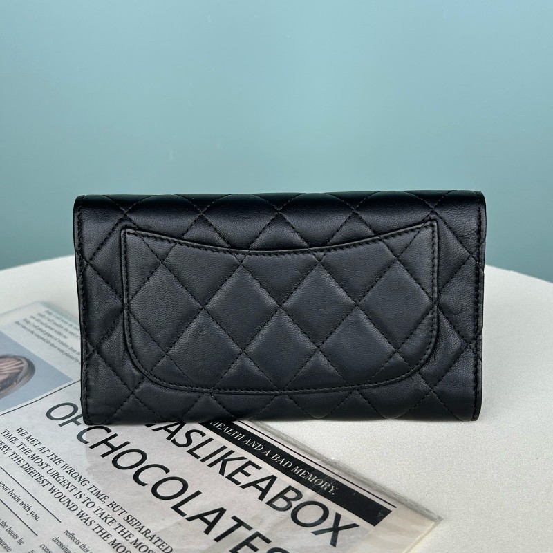 Chanel香奈兒 黑銀羊皮 三折長夾 銀包 錢包 19開-1