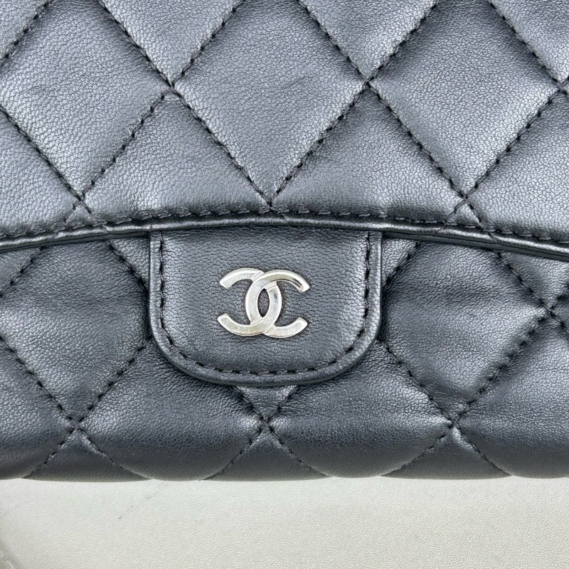 Chanel香奈兒 黑銀羊皮 三折長夾 銀包 錢包 19開-4