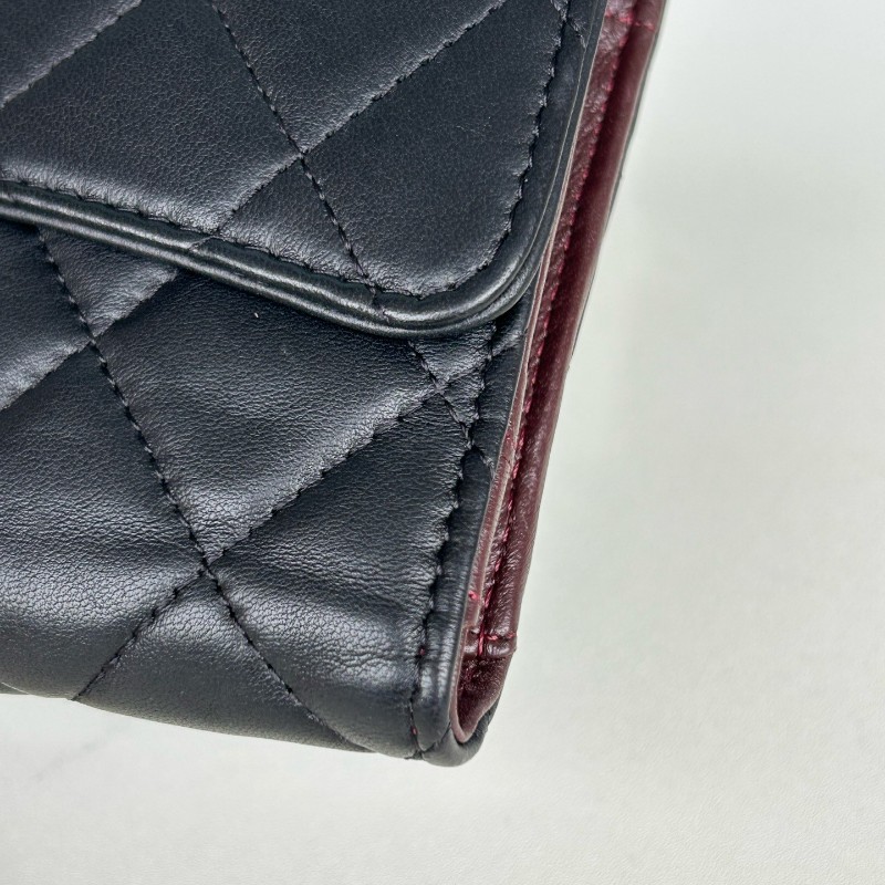 Chanel香奈兒 黑銀羊皮 三折長夾 銀包 錢包 19開-5