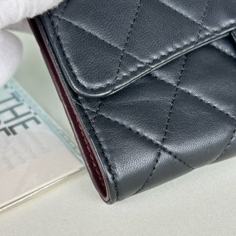 Chanel香奈兒 黑銀羊皮 三折長夾 銀包 錢包 19開-6