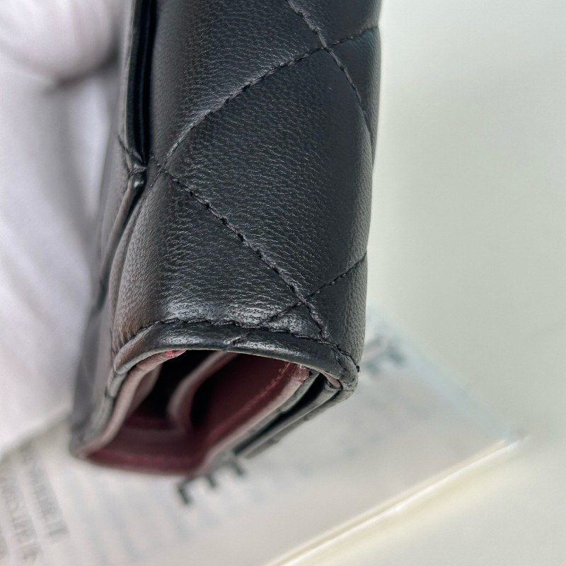 Chanel香奈兒 黑銀羊皮 三折長夾 銀包 錢包 19開-8