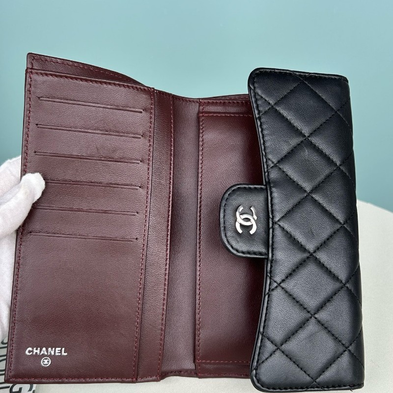 Chanel香奈兒 黑銀羊皮 三折長夾 銀包 錢包 19開-9