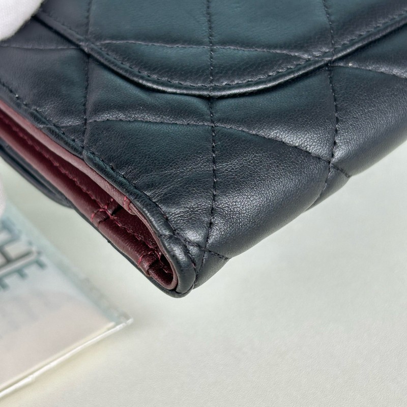 Chanel香奈兒 黑銀羊皮 三折長夾 銀包 錢包 19開-11