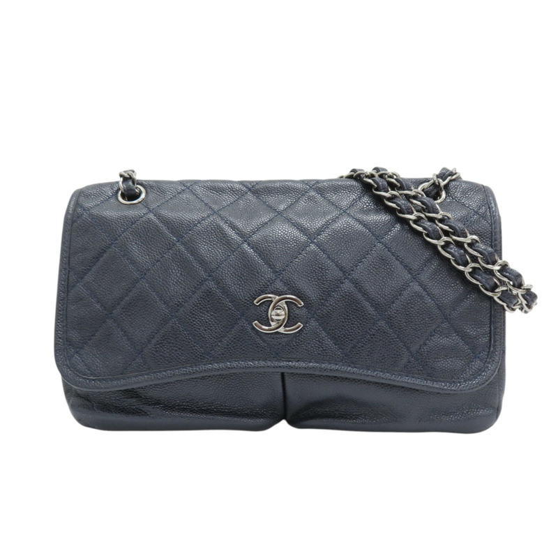 藍色 荔枝紋牛皮 Beauty Split Pocket 鍊帶肩背包 無卡【CHANEL 香奈兒】-0