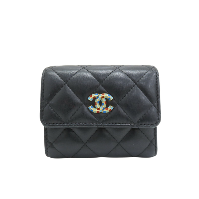 黑色 皮革 彩色雙C 三折短夾 無卡-0