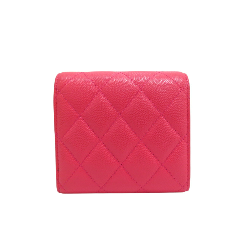 粉色 荔枝紋牛皮 雙C鍊帶 三折短夾-1