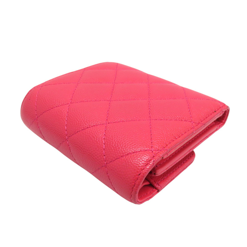 粉色 荔枝紋牛皮 雙C鍊帶 三折短夾-3