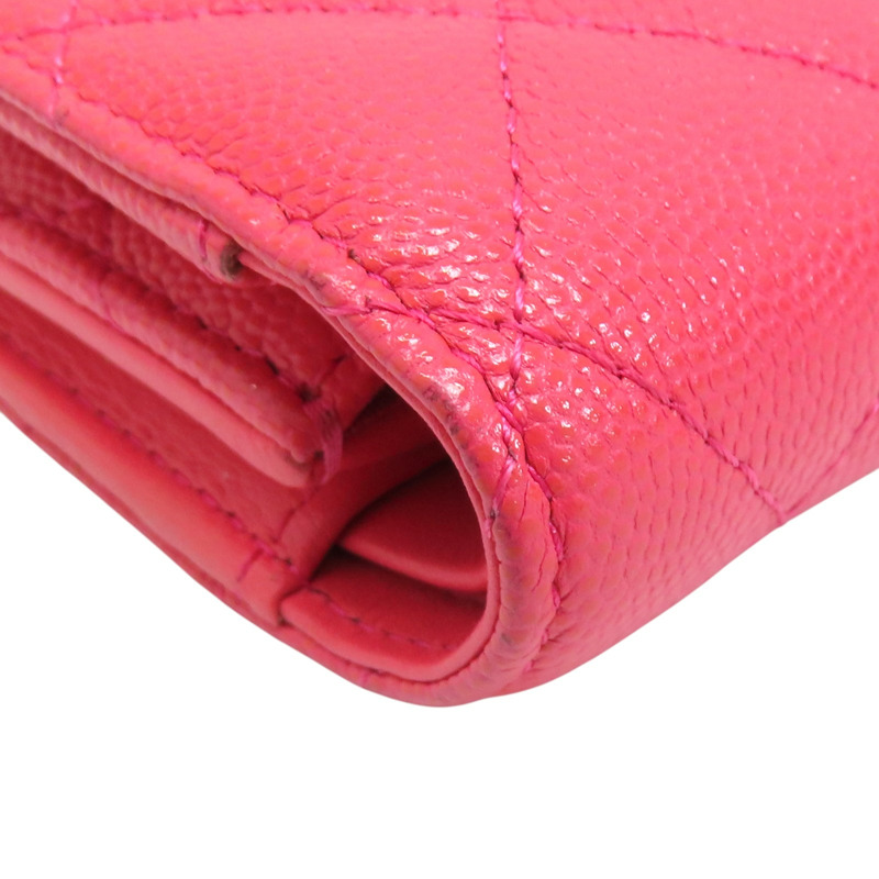 粉色 荔枝紋牛皮 雙C鍊帶 三折短夾-13