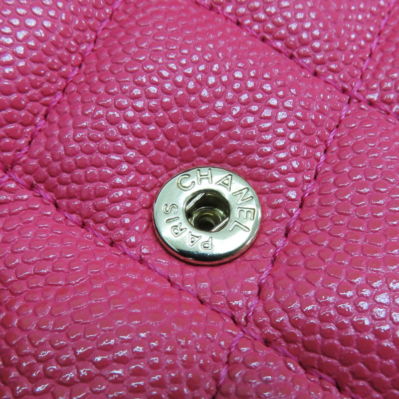 粉色 荔枝紋牛皮 雙C鍊帶 三折短夾-15