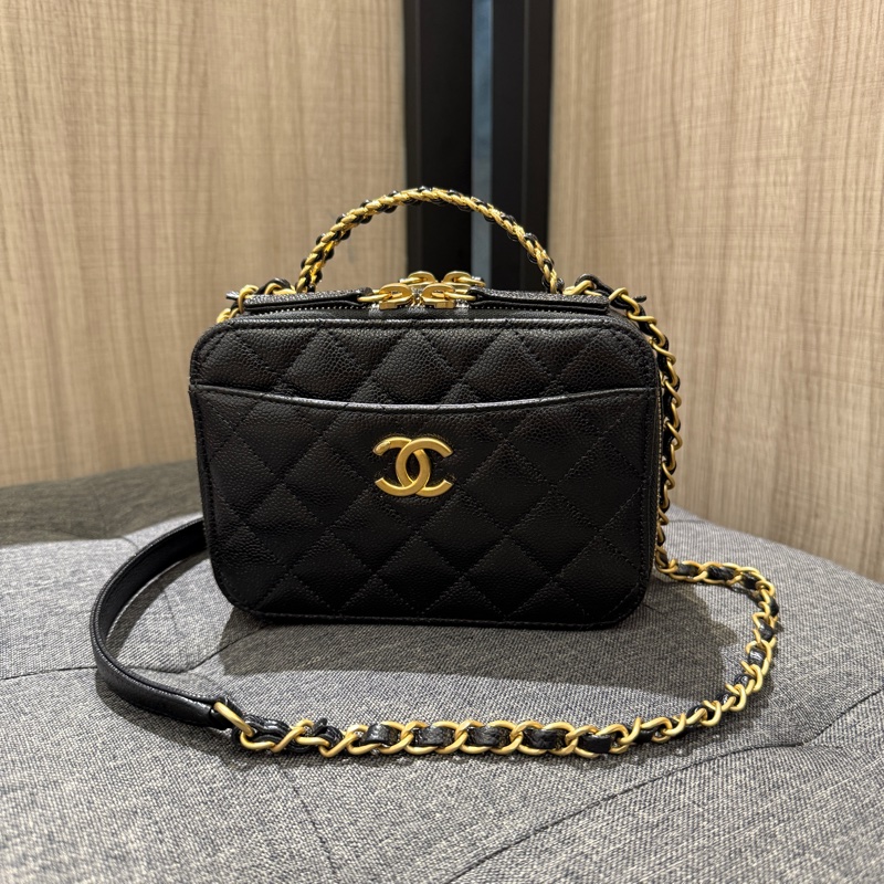 晶片 Chanel 黑色荔枝牛皮霧金鏈雙層化妝包 手提斜背包/AS3222-0