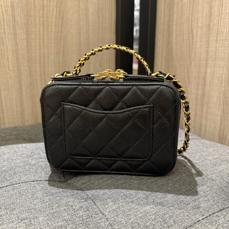 晶片 Chanel 黑色荔枝牛皮霧金鏈雙層化妝包 手提斜背包/AS3222-1