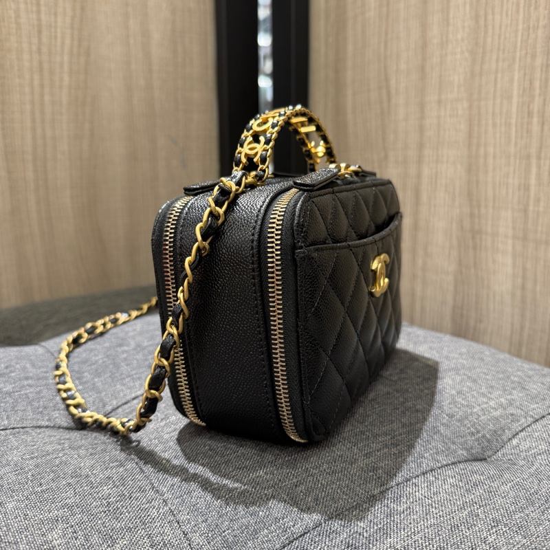 晶片 Chanel 黑色荔枝牛皮霧金鏈雙層化妝包 手提斜背包/AS3222-2