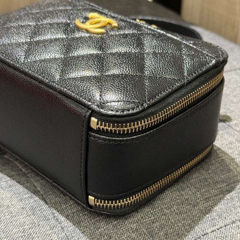 晶片 Chanel 黑色荔枝牛皮霧金鏈雙層化妝包 手提斜背包/AS3222-4