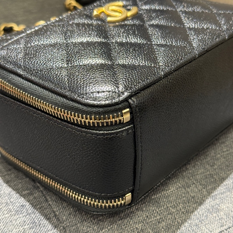 晶片 Chanel 黑色荔枝牛皮霧金鏈雙層化妝包 手提斜背包/AS3222-5