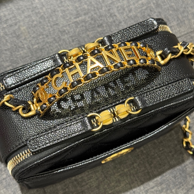 晶片 Chanel 黑色荔枝牛皮霧金鏈雙層化妝包 手提斜背包/AS3222-8